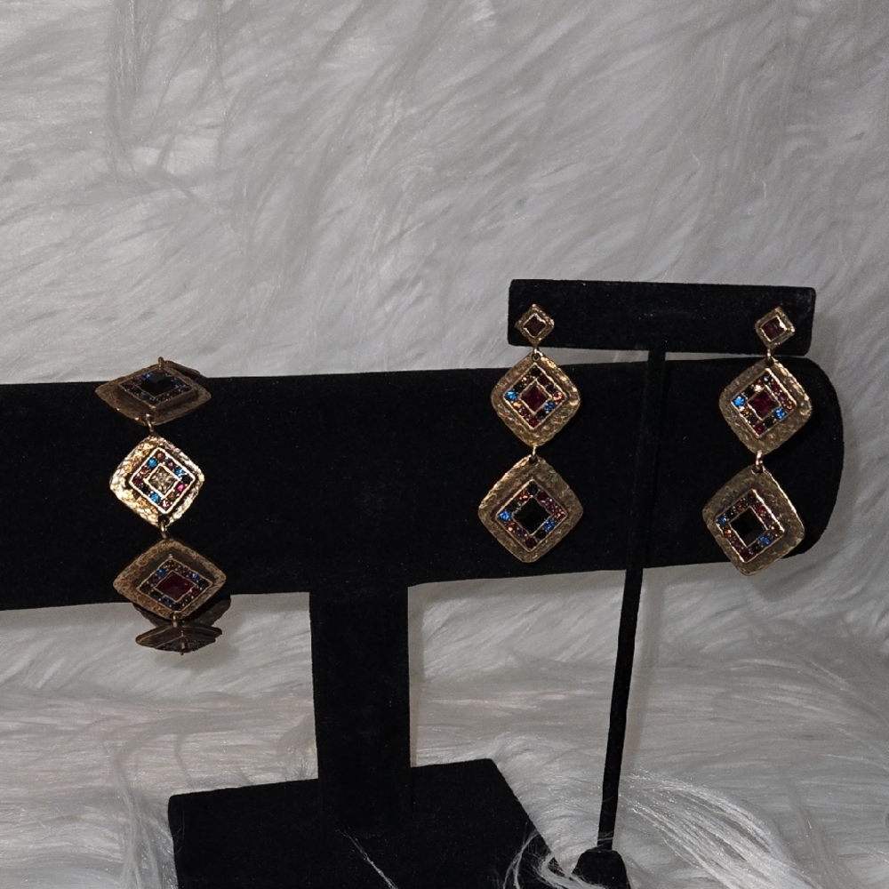Geometric Gold and Multicolor Bracelet and Earring Set